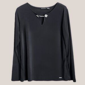 TAHARI Black Long Sleeve Top w/ Chain Loop Neck | Stretch Blouse Shirt